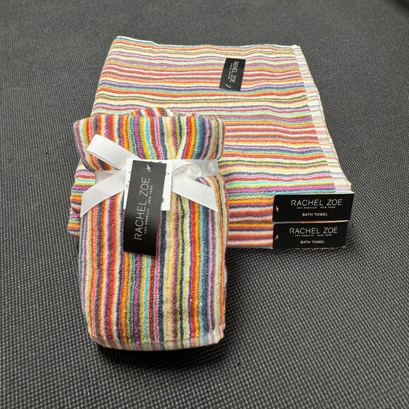 4 pc Rachel Zoe Artisan Multicolor Stripe Towel Set 2 Bath 2 Hand Towels COTTON